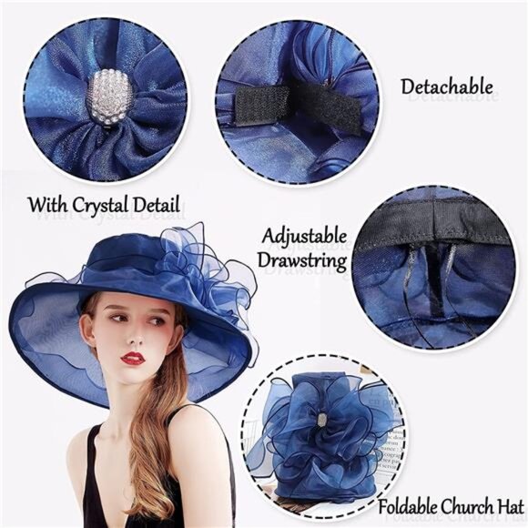 Women's Kentucky Derby Church Dress Hat Wide Brim Leaf Flower Bridal Shower Hat - Picture 2 of 4